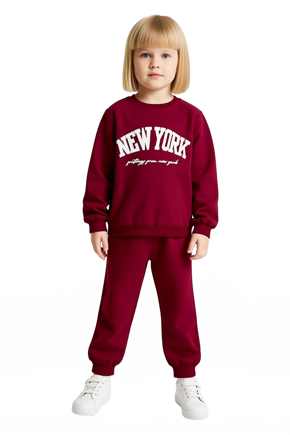 Kız Çocuk Alt-Üst Pamuklu New York Baskılı Bisiklet Yaka Sweatshirt ve Eşofman Takımı Kaliteli Şık