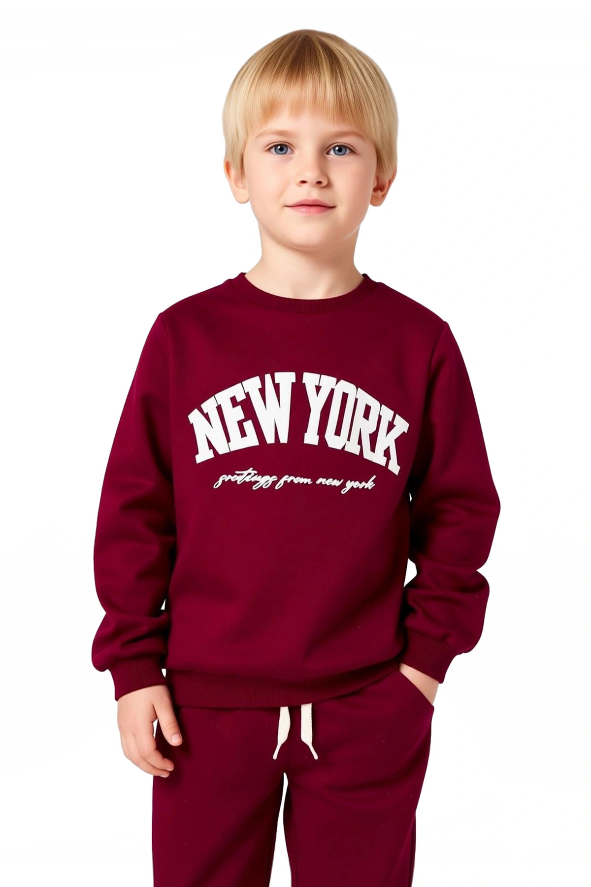 Kız Çocuk Alt-Üst Pamuklu New York Baskılı Bisiklet Yaka Sweatshirt ve Eşofman Takımı Kaliteli Şık