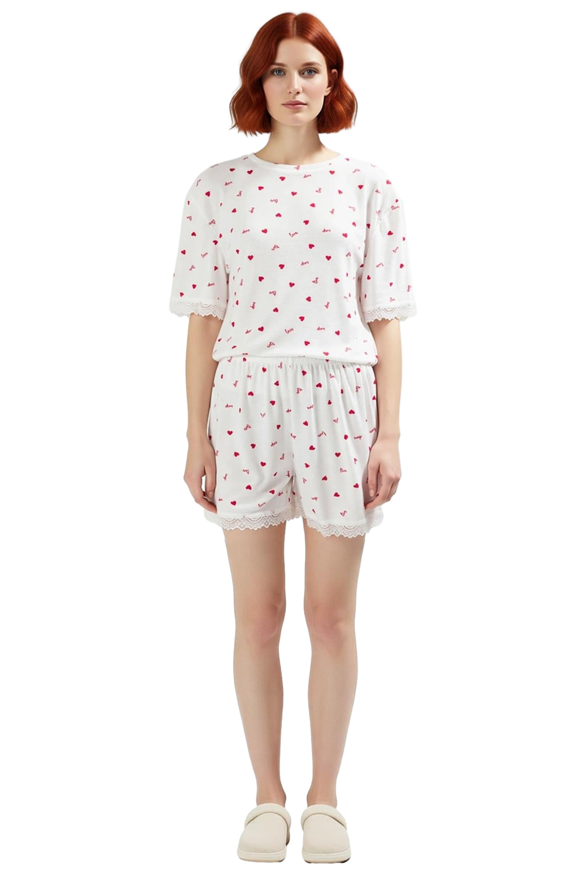 Kadın Kısa Kollu Örme Pijama Takımı Renk Dantel Detaylı Rahat Kalıp Konforlu Kesim