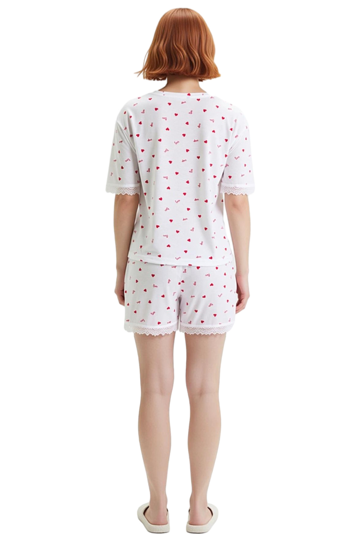 Kadın Kısa Kollu Örme Pijama Takımı Renk Dantel Detaylı Rahat Kalıp Konforlu Kesim