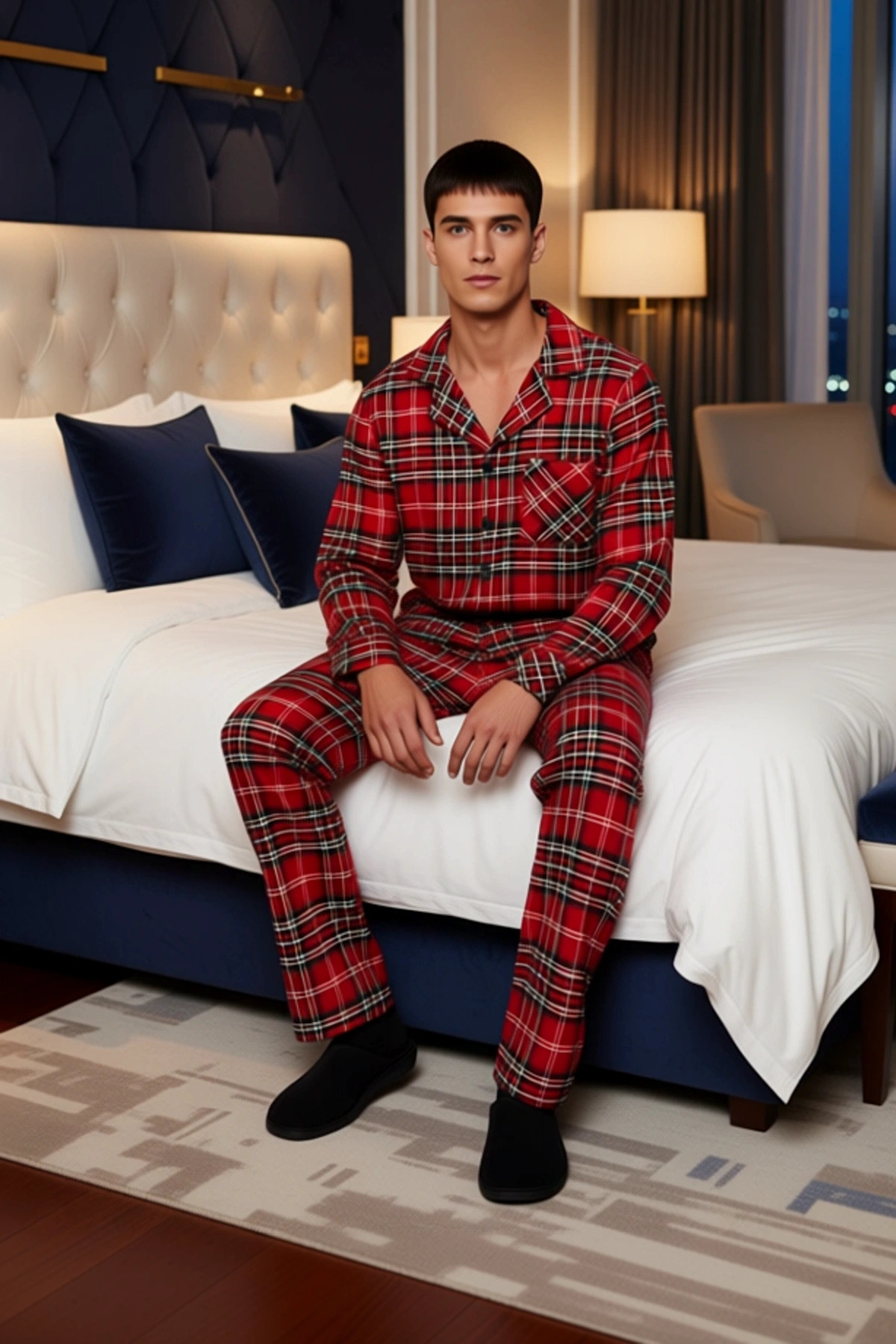 Erkek Kirmizi Ekose Gömlek ve Pantolon Pijama Takımı Fonksiyonel Dayanıklı Kaliteli Modern