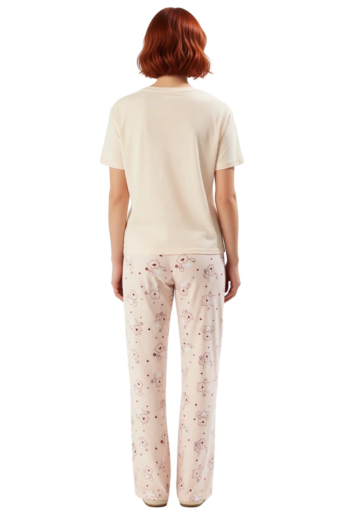 Kadın Ayıcıklı Kalpli Pamuklu Pijama Takımı Rahat Ev Giyim Seti Dayanıklı Malzeme