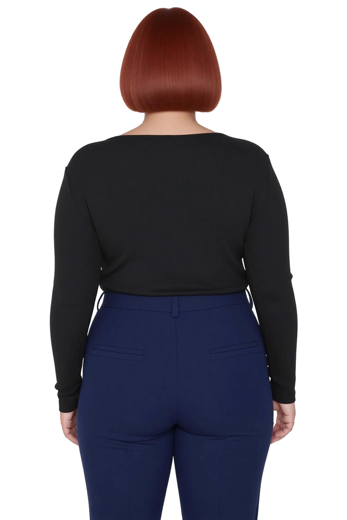 Kadın Havuz Yaka Uzun Kollu Fitted Vücuda Oturan Örme Crop Bluz Büyük Beden Cool Comfort