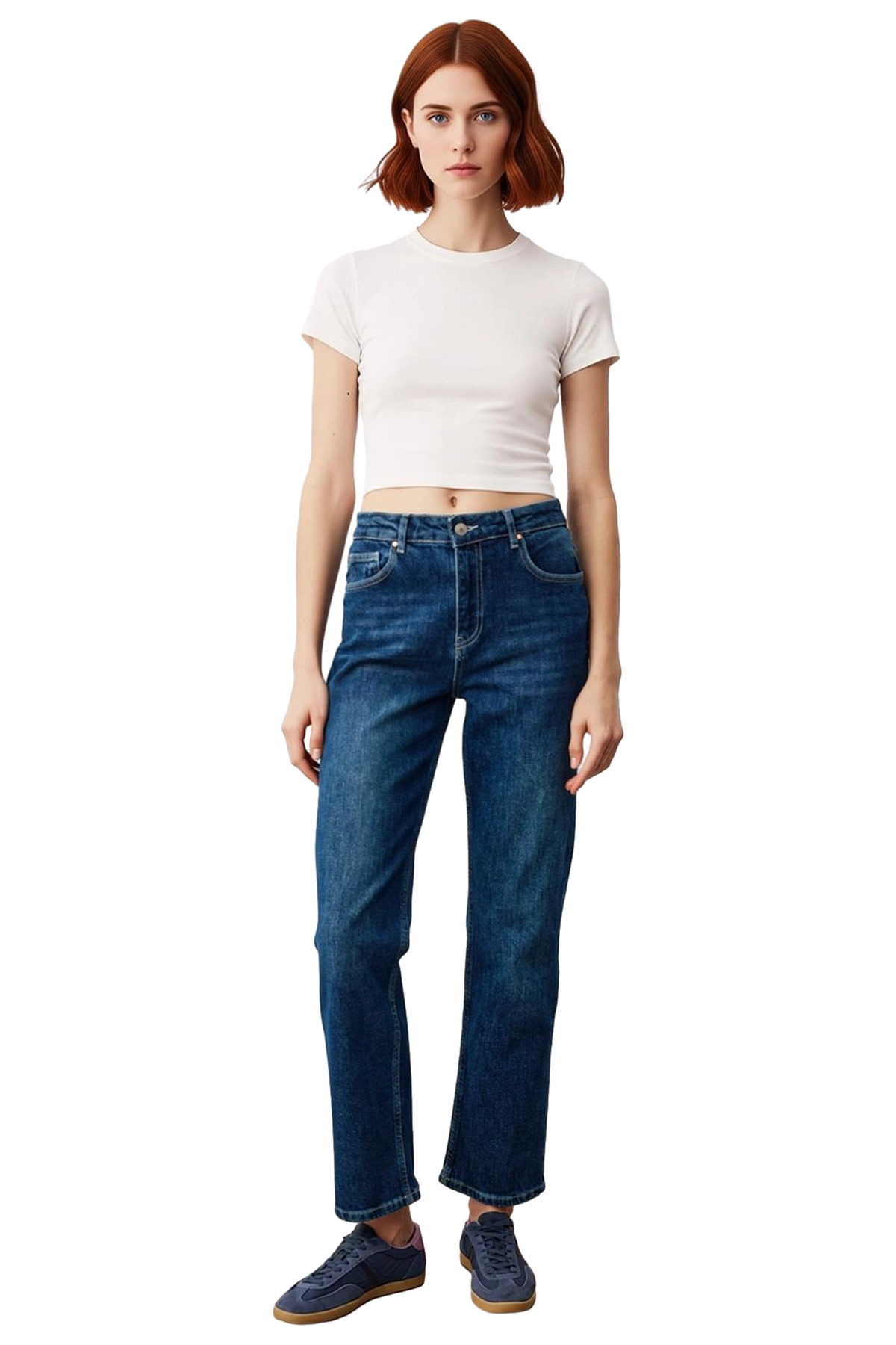 Kadın Yüksek Bel Düz Kesim Denim Pantolon Fonksiyonel Dayanıklı Kaliteli Konforlu Estetik Şık