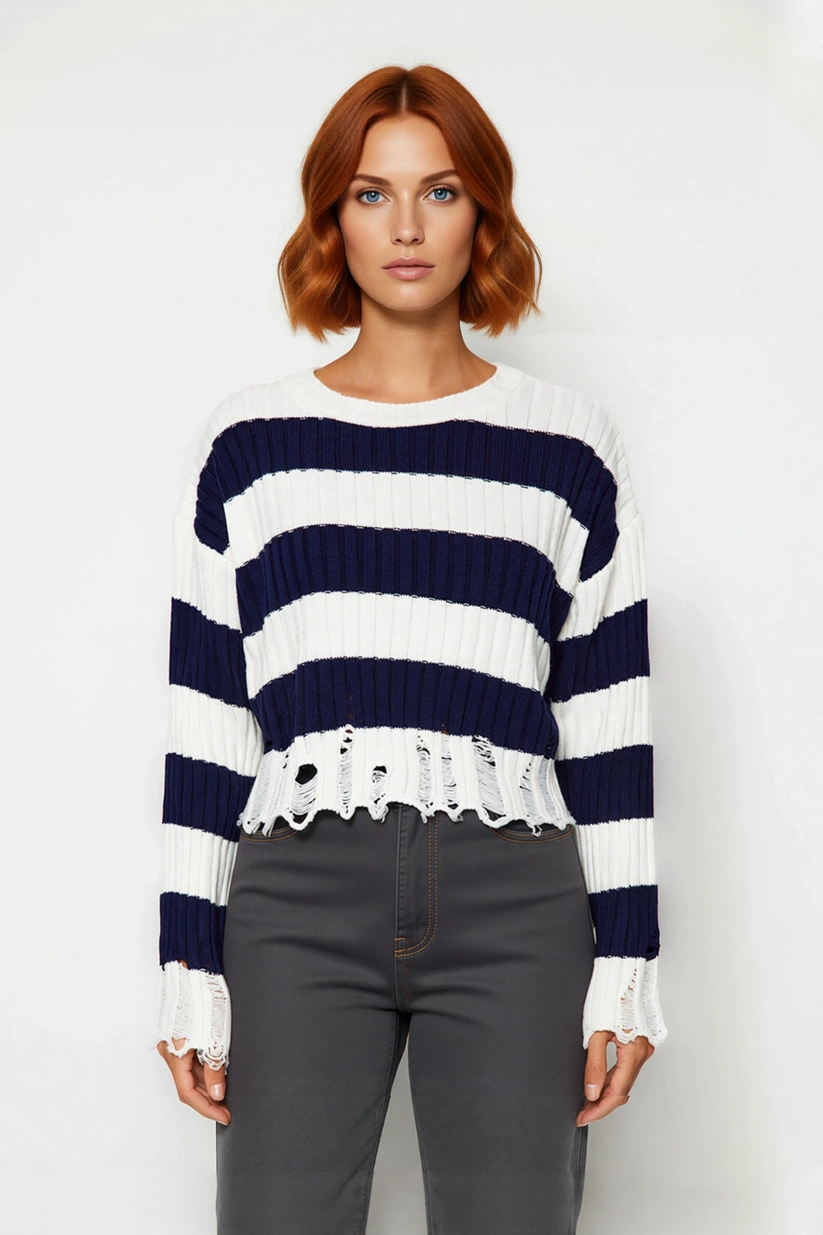 Kadın Oversize Bisiklet Yaka Çizgili Crop Akrilik Triko Kazak Akıtma Detaylı Rahat Şıklık Kaliteli