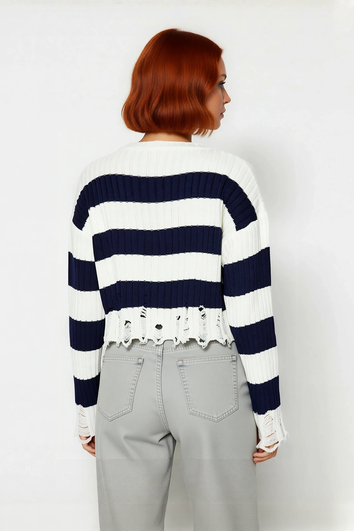 Kadın Oversize Bisiklet Yaka Çizgili Crop Akrilik Triko Kazak Akıtma Detaylı Rahat Şıklık Kaliteli