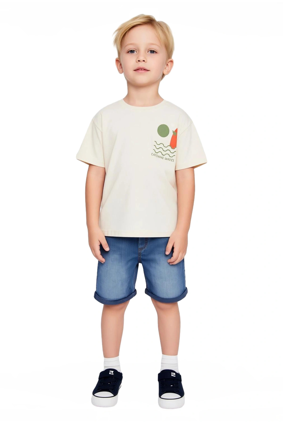 Erkek Çocuk Pamuklu Bisiklet Yaka Kısa Kollu T Shirt Ve Denim Şort Takımı Kaliteli Şık Rahat