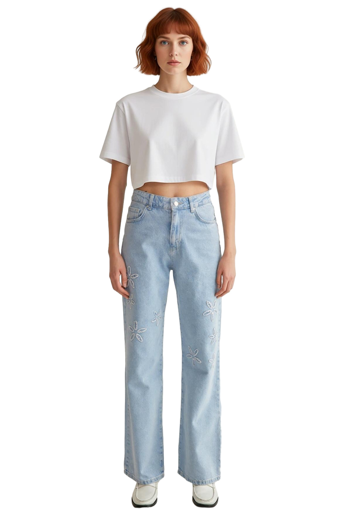 Kadın Açık Çiçek Nakışlı Wide Leg Jean Pantolon Fonksiyonel Dayanıklı Kaliteli Konforlu Şık
