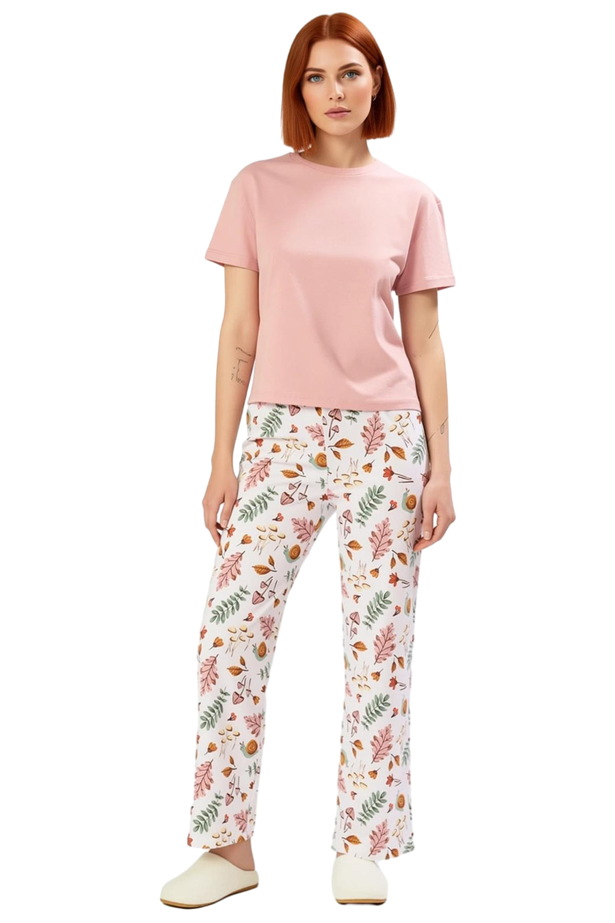 Kadın Pudra Tropikal Desenli Örme Pijama Takımı Fonksiyonel Dayanıklı Kaliteli Konforlu Şık