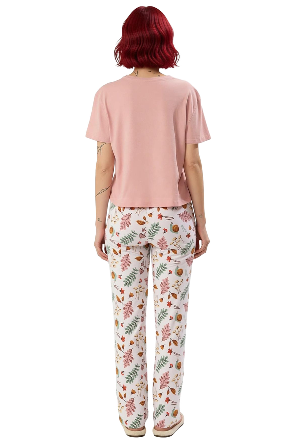 Kadın Pudra Tropikal Desenli Örme Pijama Takımı Fonksiyonel Dayanıklı Kaliteli Konforlu Şık