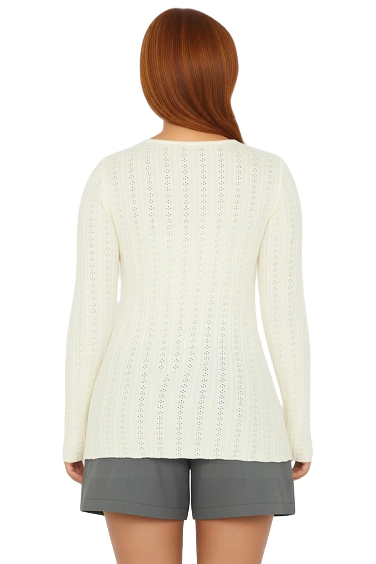 Genç Kadın Ajurlu Detaylı Kurdele Bağcıklı Bisiklet Yaka Triko Kaliteli Şık Rahat