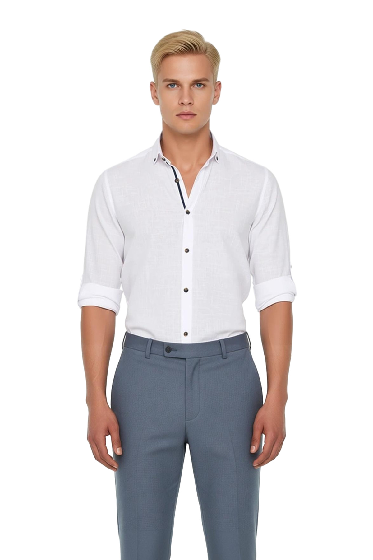 Erkek Keten Görünümlü Düğmeli Yaka Apolet Detaylı Slim Fit Uzun Kollu Yazlık Pamuklu Gömlek