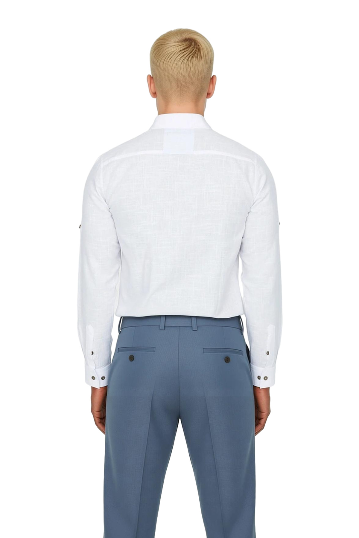 Erkek Keten Görünümlü Düğmeli Yaka Apolet Detaylı Slim Fit Uzun Kollu Yazlık Pamuklu Gömlek