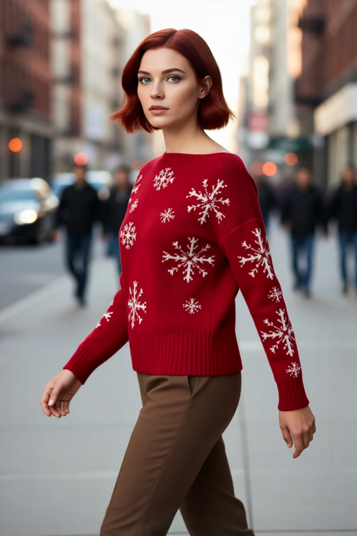 Kadınlar İçin Oversize Kayık Yaka Triko Kar Taneli Kışlık Akrilik Şık Kazak Modeli Kaliteli