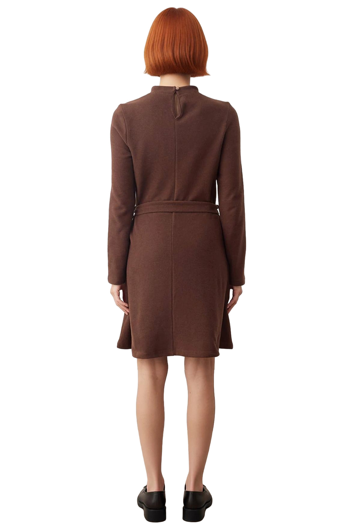 Kadın A Line Kesim Dik Yaka Kemer Detaylı Mini Örme Elbise Uzun Kol Selanik Dokuma Kışlık Şıklık