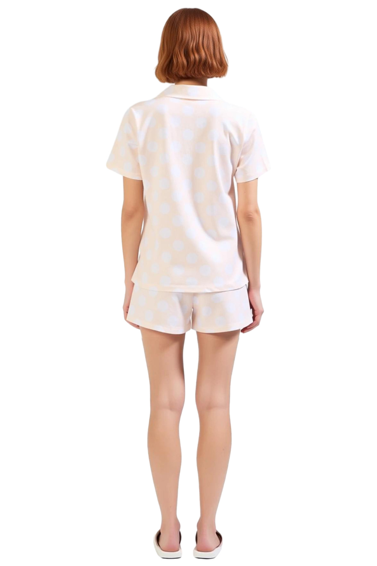 Kadın Puantiyeli Pamuklu Kısa Kollu Pijama Takımı Rahat Yazlık Ev Giyim Konforlu Kesim