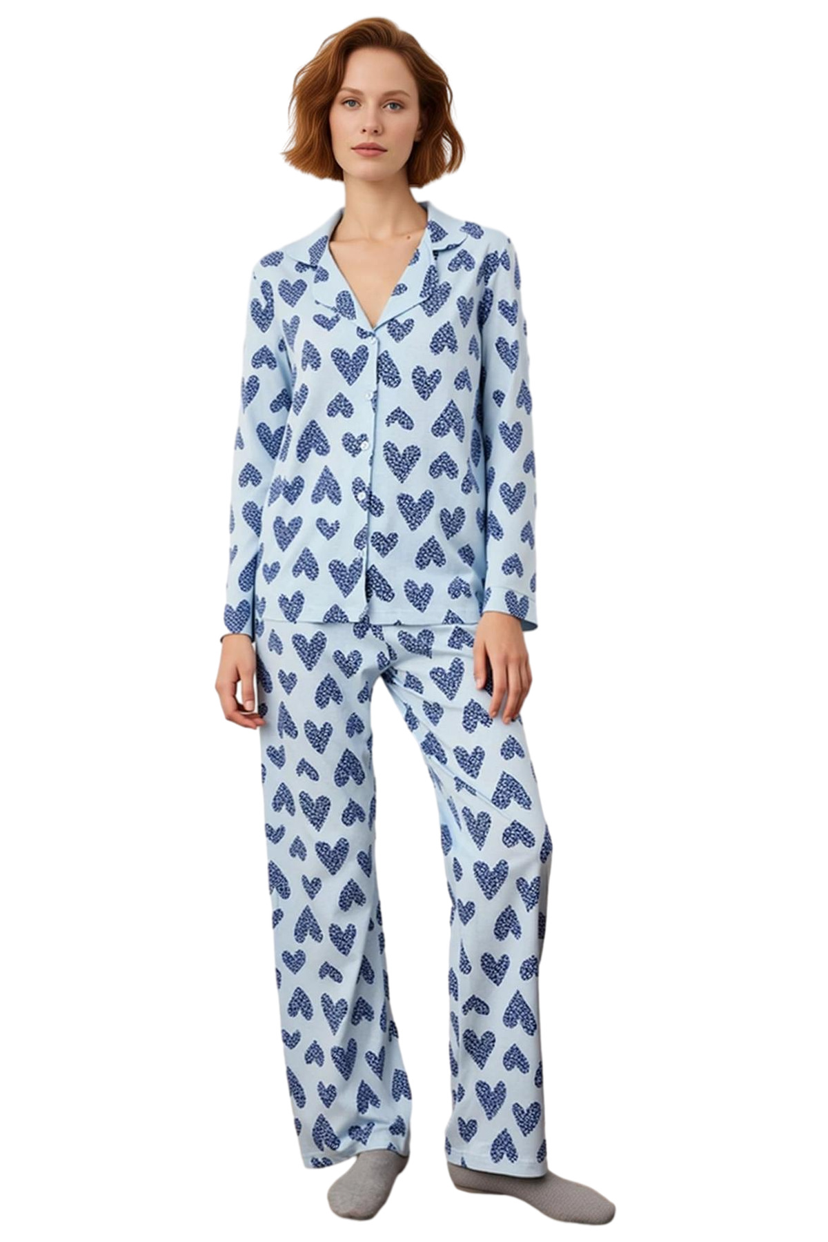 Kadın Açık Kalp Desenli Gömlek Yaka Pijama Takımı Fonksiyonel Dayanıklı Kaliteli Konforlu Şık