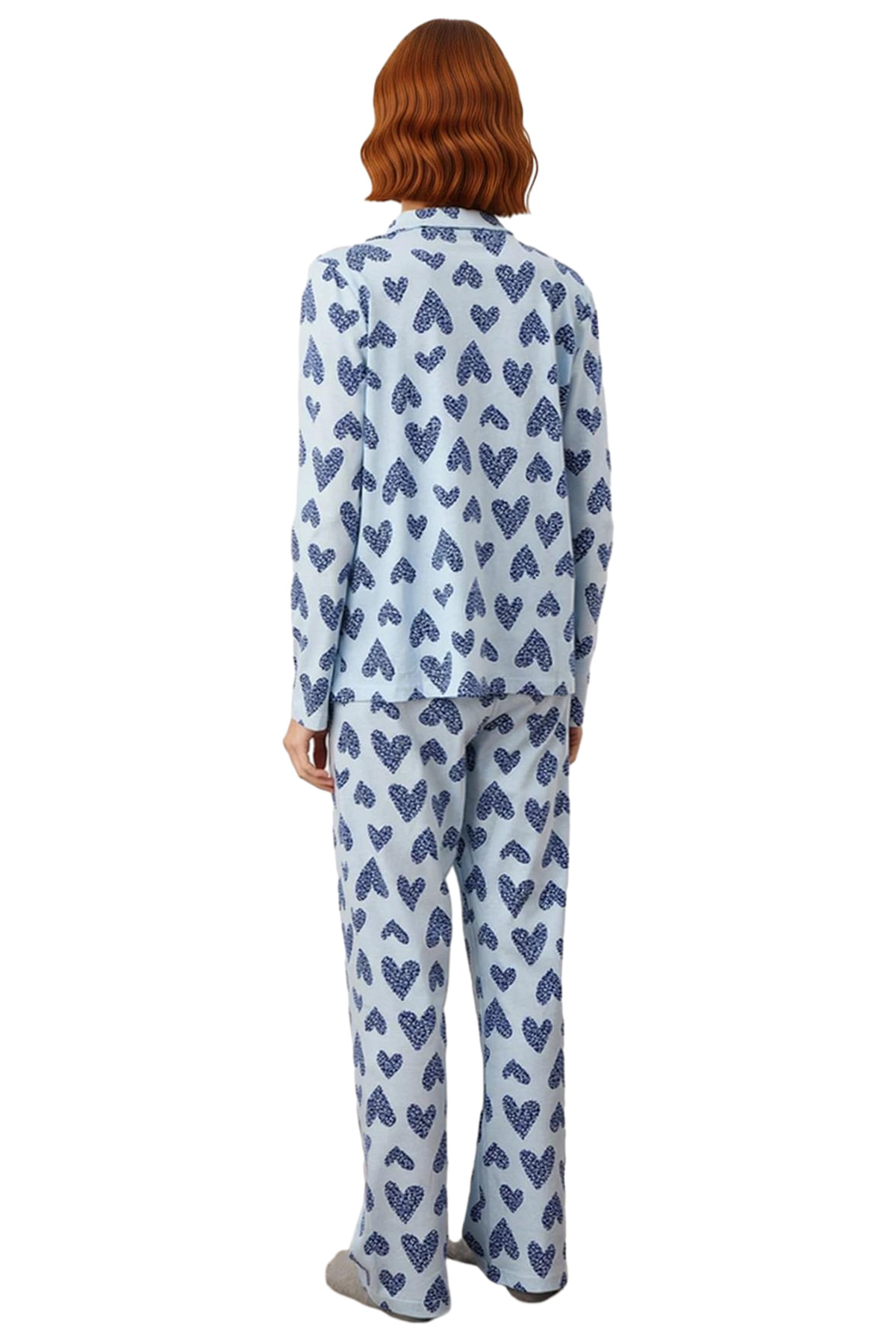 Kadın Açık Kalp Desenli Gömlek Yaka Pijama Takımı Fonksiyonel Dayanıklı Kaliteli Konforlu Şık