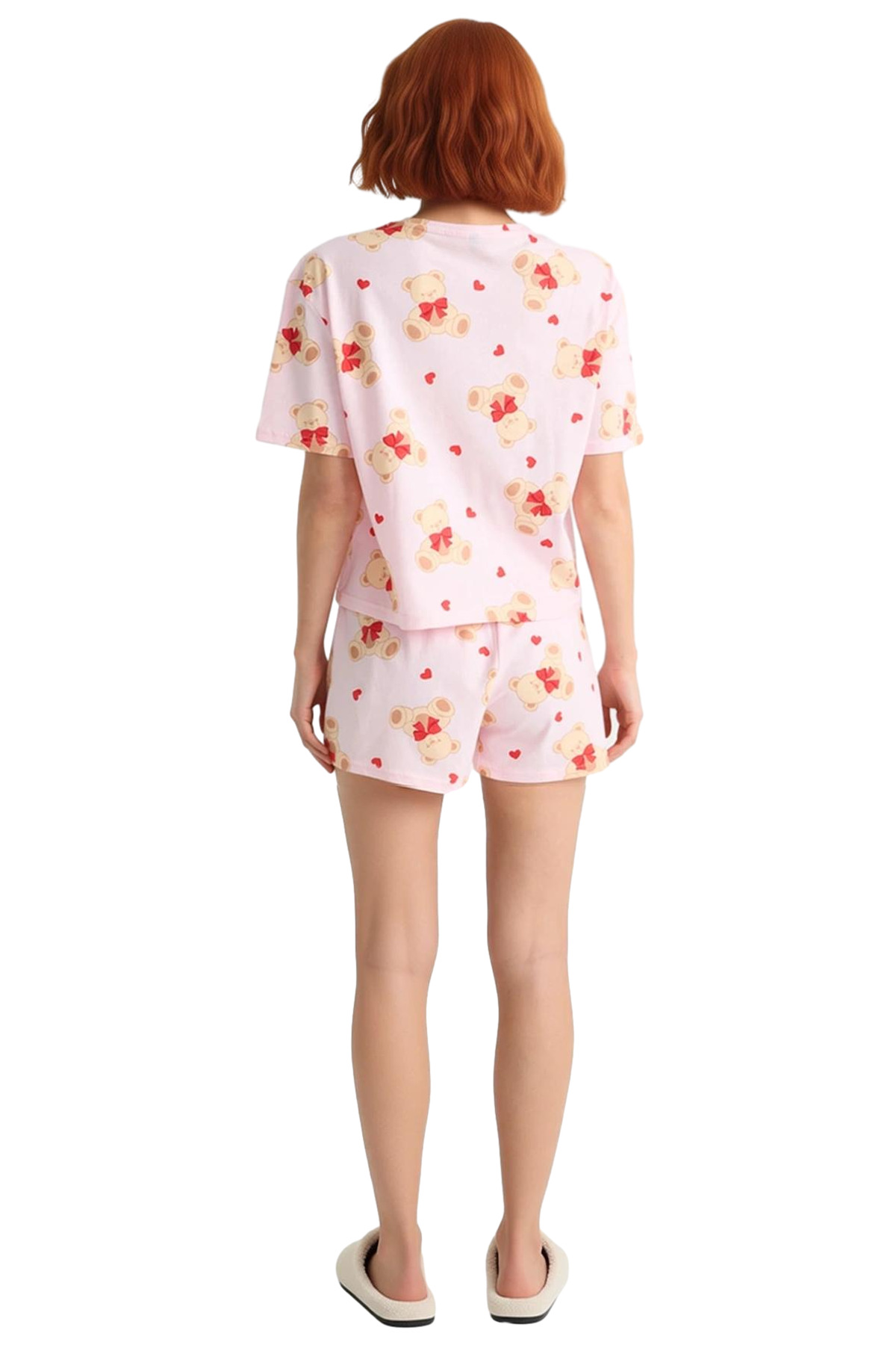 Kadın Ayıcıklı Kalpli Pijama Takımı %100 Pamuk Yazlık Rahat Homewear Trend Tasarım Mükemmel Uyum