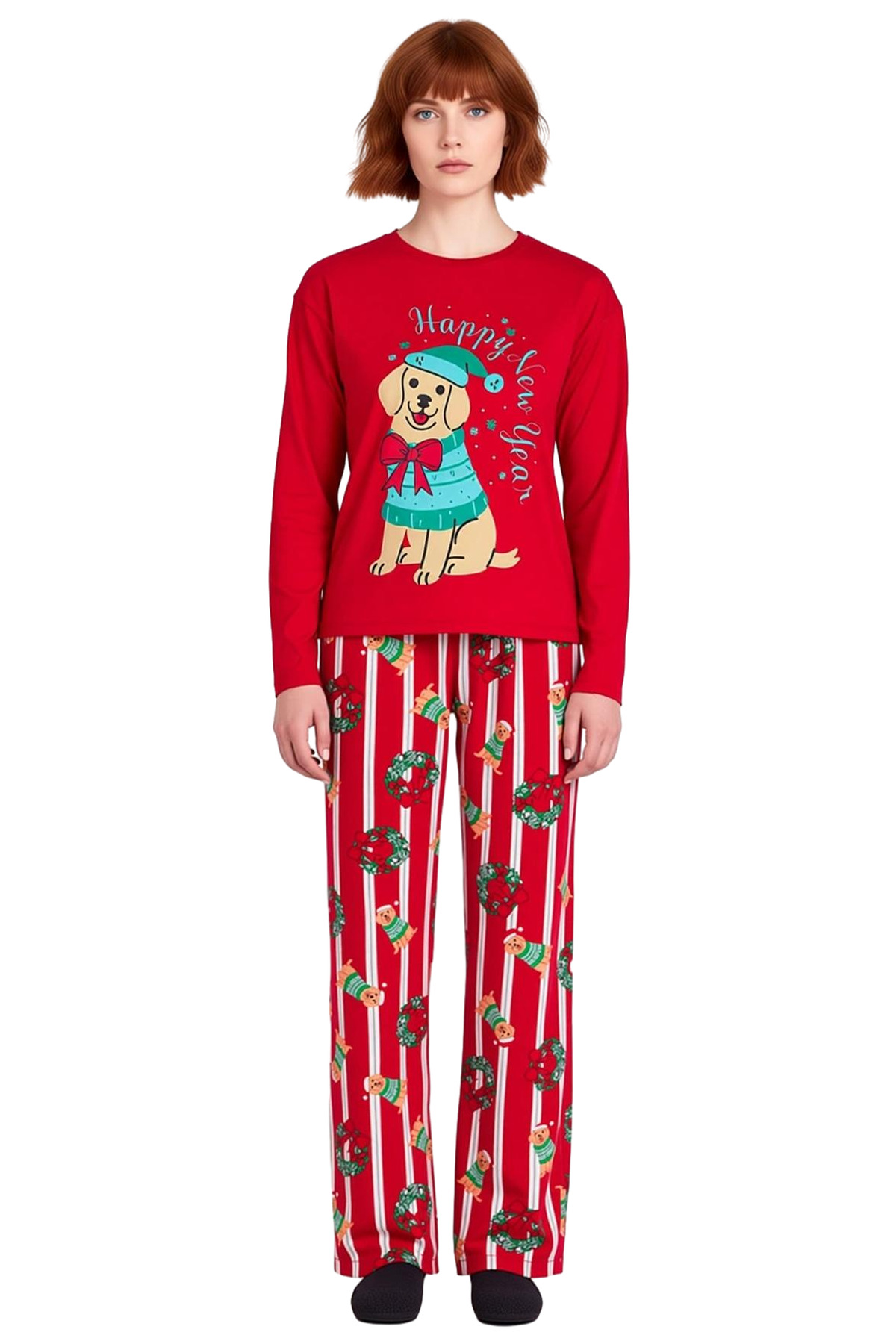Kadin Kirmizi Kopek Baskılı Uzun Kollu Pijama Takımı Fonksiyonel Dayanıklı Kaliteli Modern