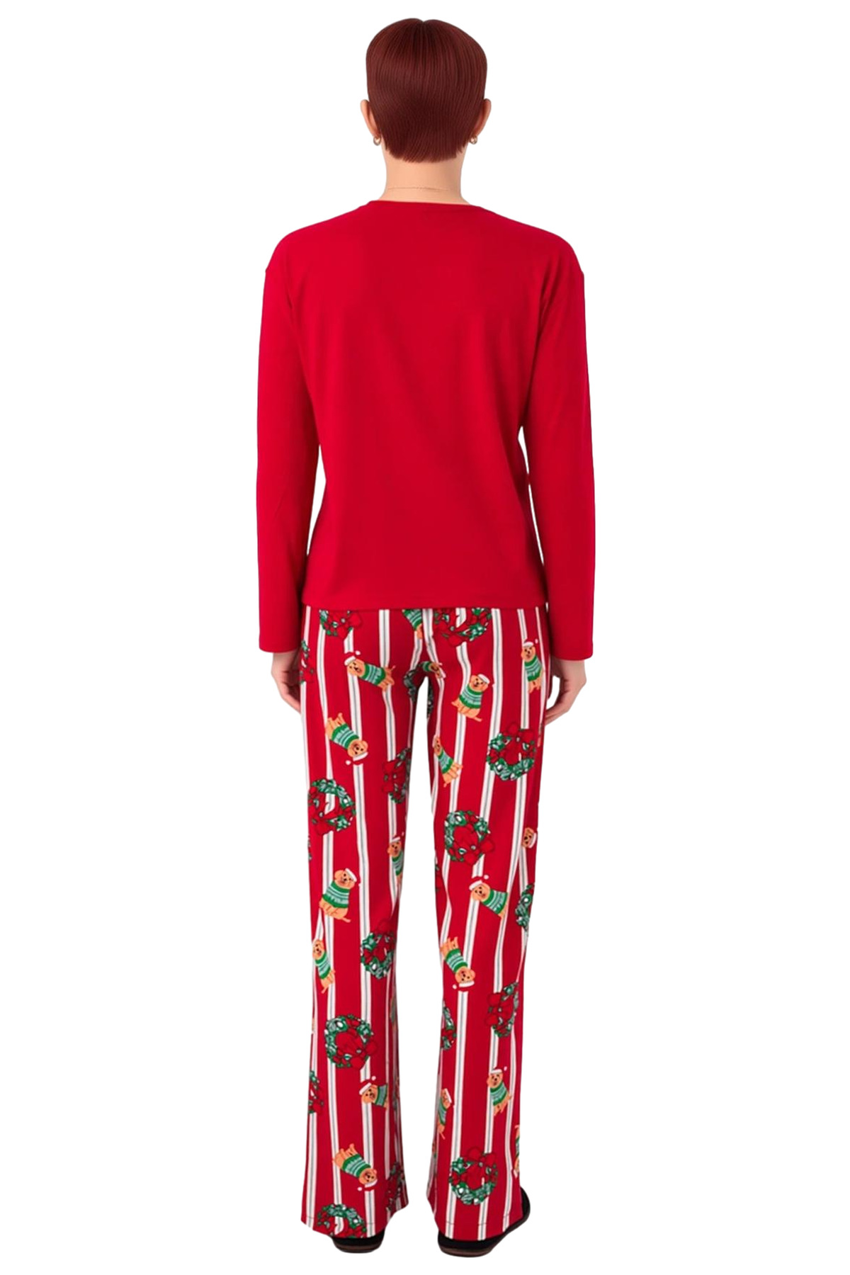 Kadin Kirmizi Kopek Baskılı Uzun Kollu Pijama Takımı Fonksiyonel Dayanıklı Kaliteli Modern