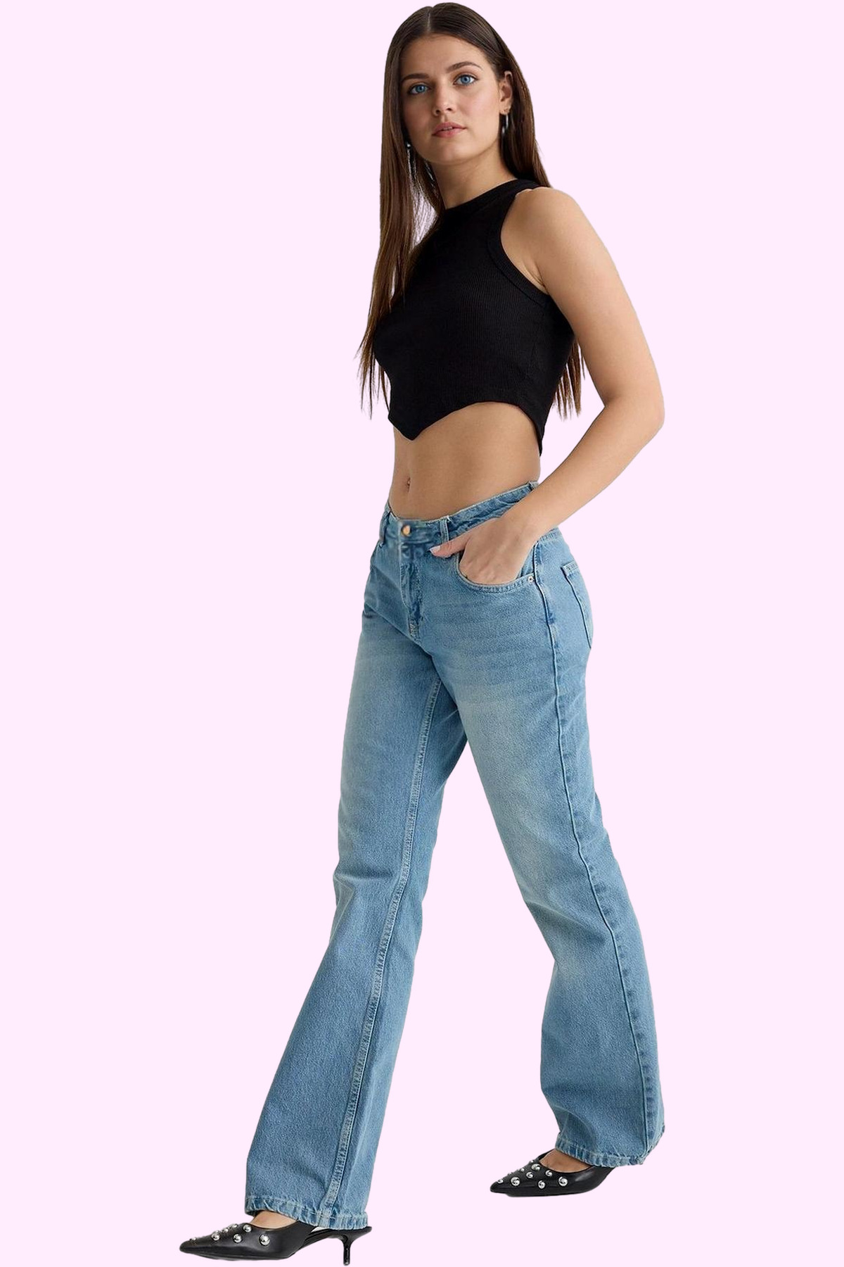 Kadın Moda Düşük Bel Flare Jean Pamuklu Günlük Kullanım İçin Hafta Sonu Mevsimlik Kullanım