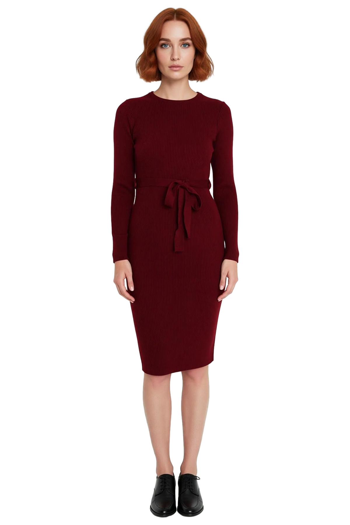 Kadın Kuşaklı Bodycon Triko Midi Elbise Bisiklet Yaka Uzun Standart Kollu Şık İlkbahar Sonbahar