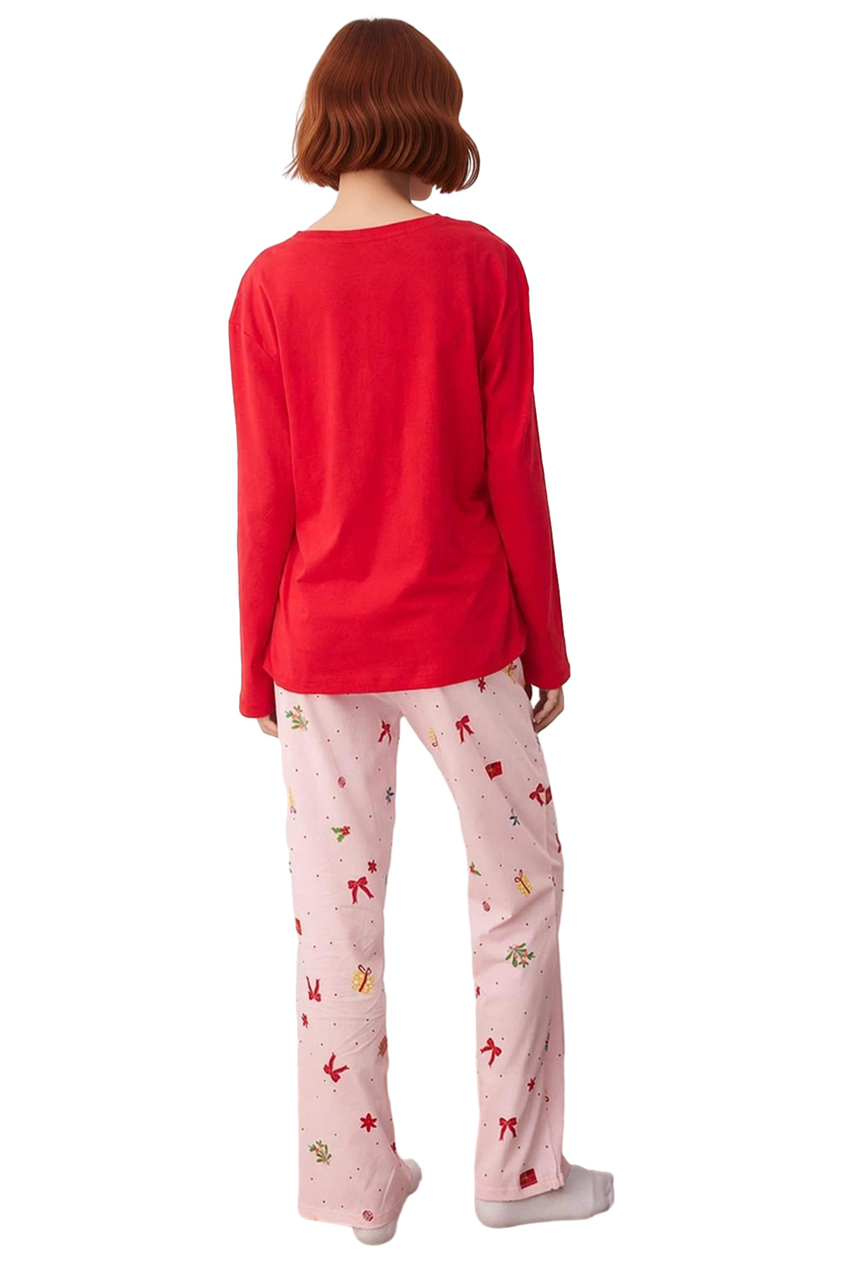 Kadın Yılbaşı Temalı Bisiklet Yaka Uzun Kollu Pijama Takımı Fonksiyonel Dayanıklı Kaliteli