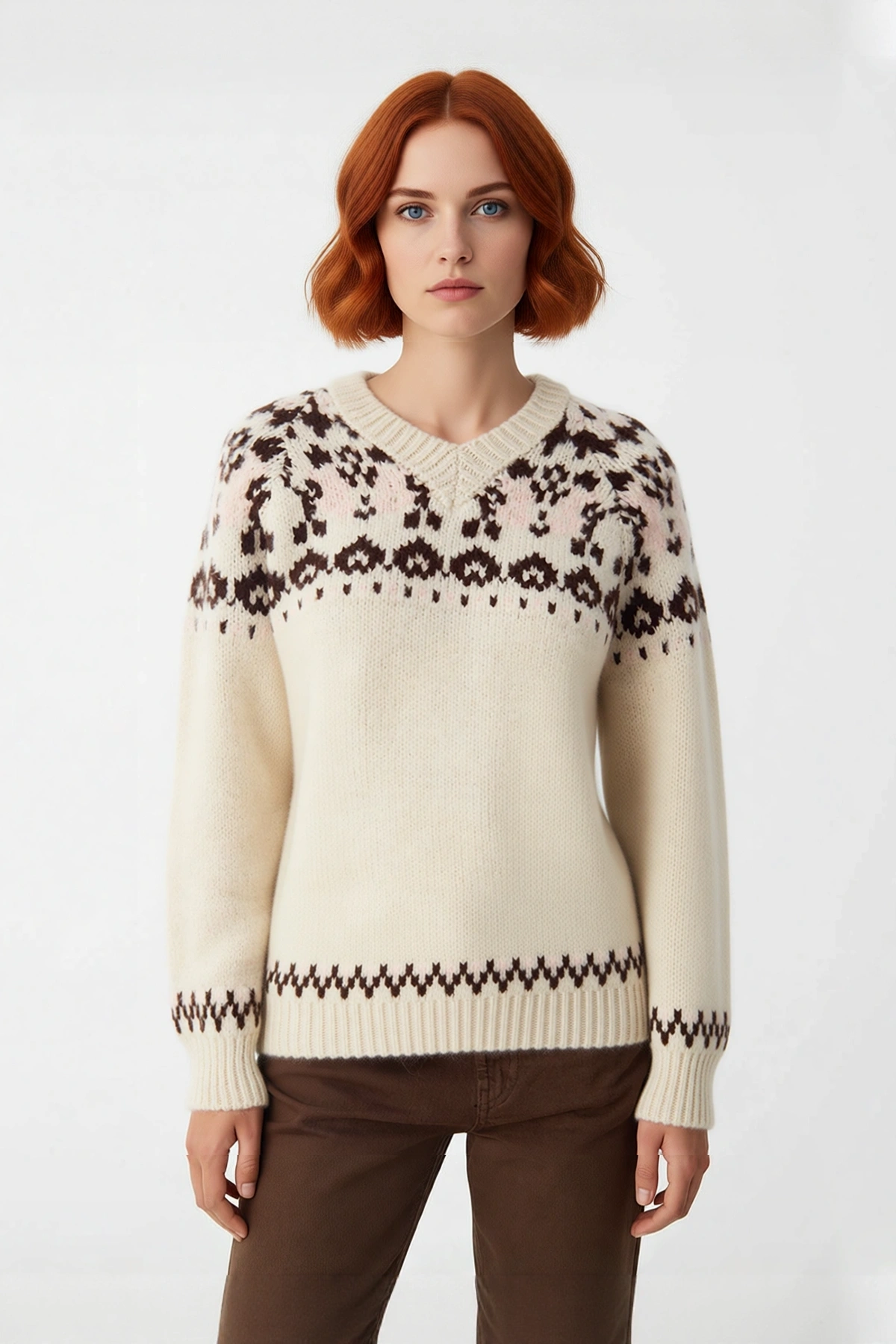 Kadın Oversize Etnik Desenli V Yaka Reglan Kol Triko Kazak Kışlık Soğuk Havalar İçin İdeal Şıklık