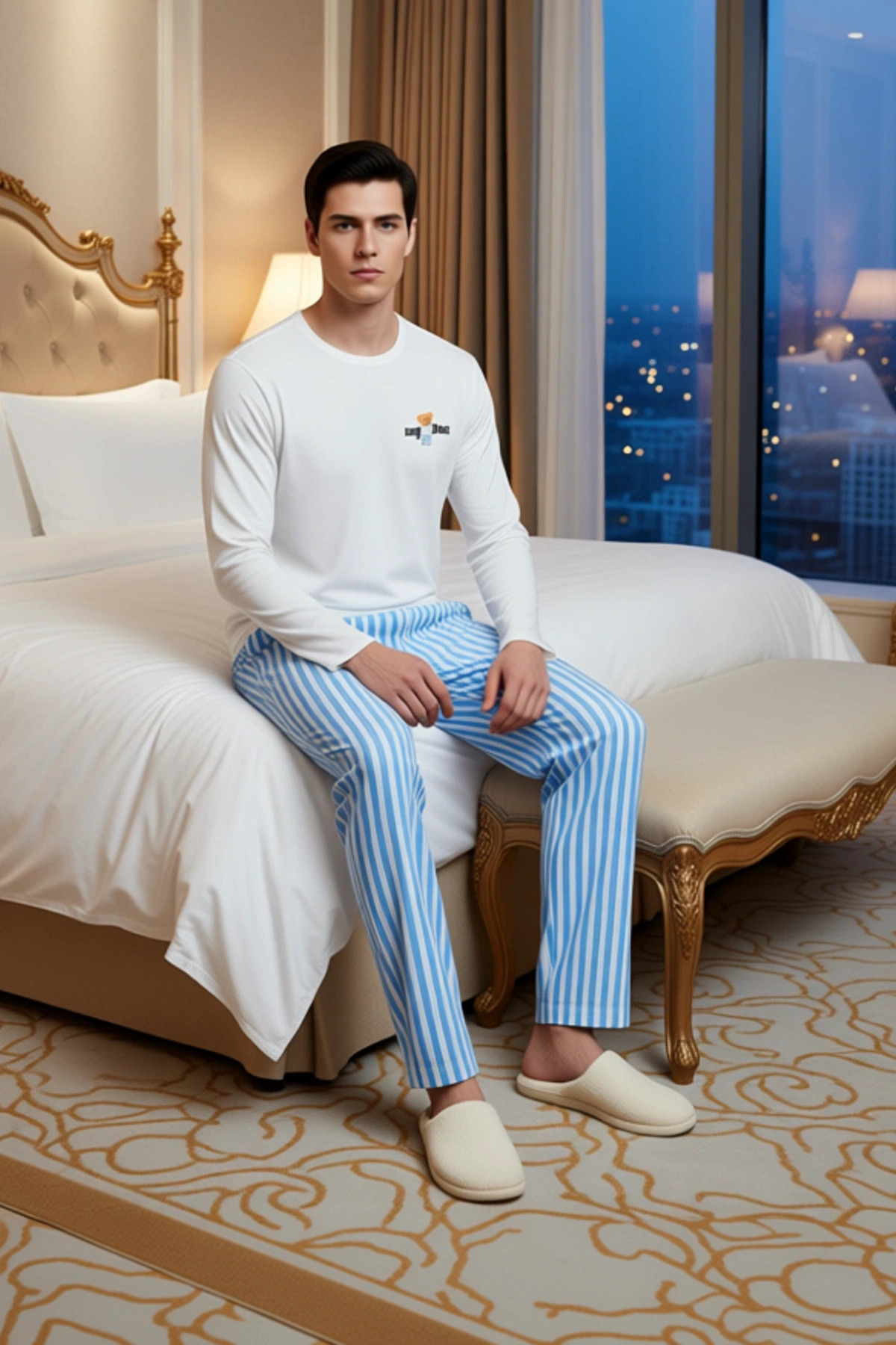 Erkek Ayıcık Baskılı Bisiklet Yaka Uzun Kollu Pijama Takımı Fonksiyonel Dayanıklı Kaliteli