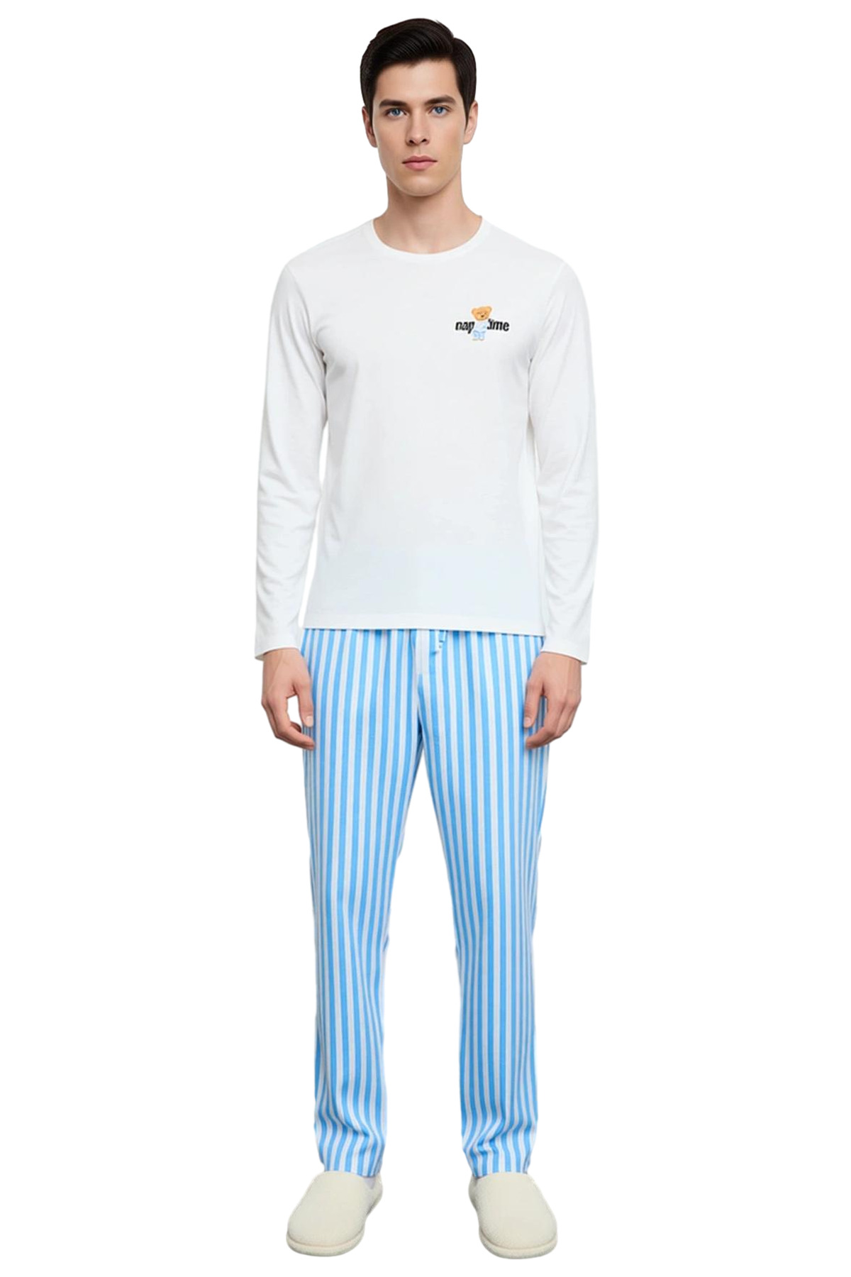 Erkek Ayıcık Baskılı Bisiklet Yaka Uzun Kollu Pijama Takımı Fonksiyonel Dayanıklı Kaliteli
