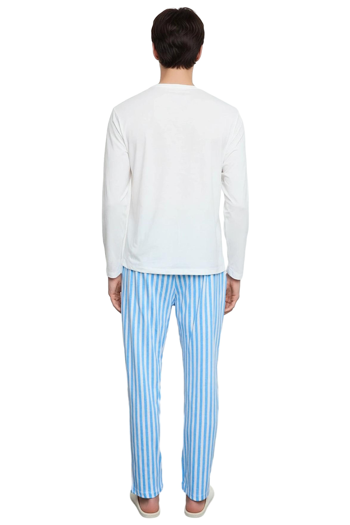 Erkek Ayıcık Baskılı Bisiklet Yaka Uzun Kollu Pijama Takımı Fonksiyonel Dayanıklı Kaliteli