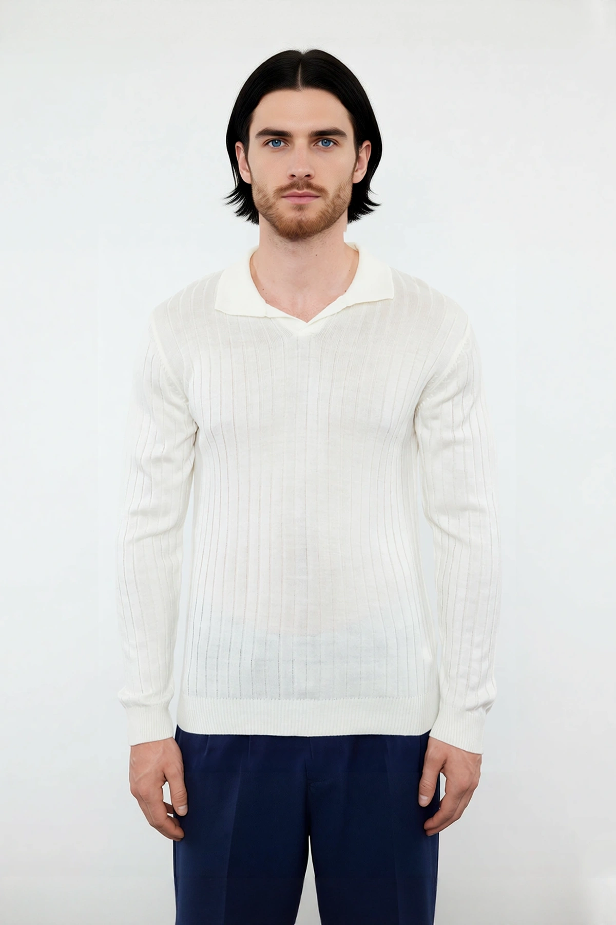 Erkek Ekru Fitted Polo Yaka Uzun Kollu İnce Triko Kazak Basic Şık Günlük Kombinler İçin İdeal
