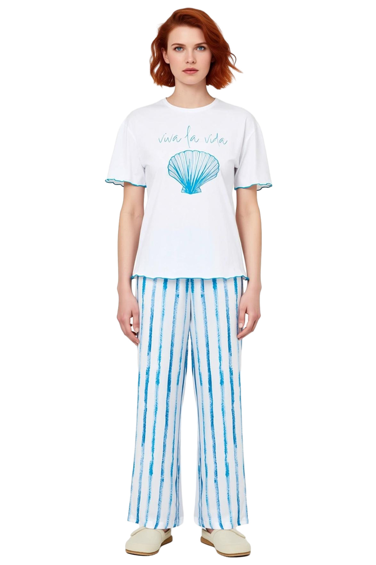 Kadın Rahat Viskoz Örme Pijama Takımı Çizgili Desenli Ev Giyim Seti Özenle Seçilmiş