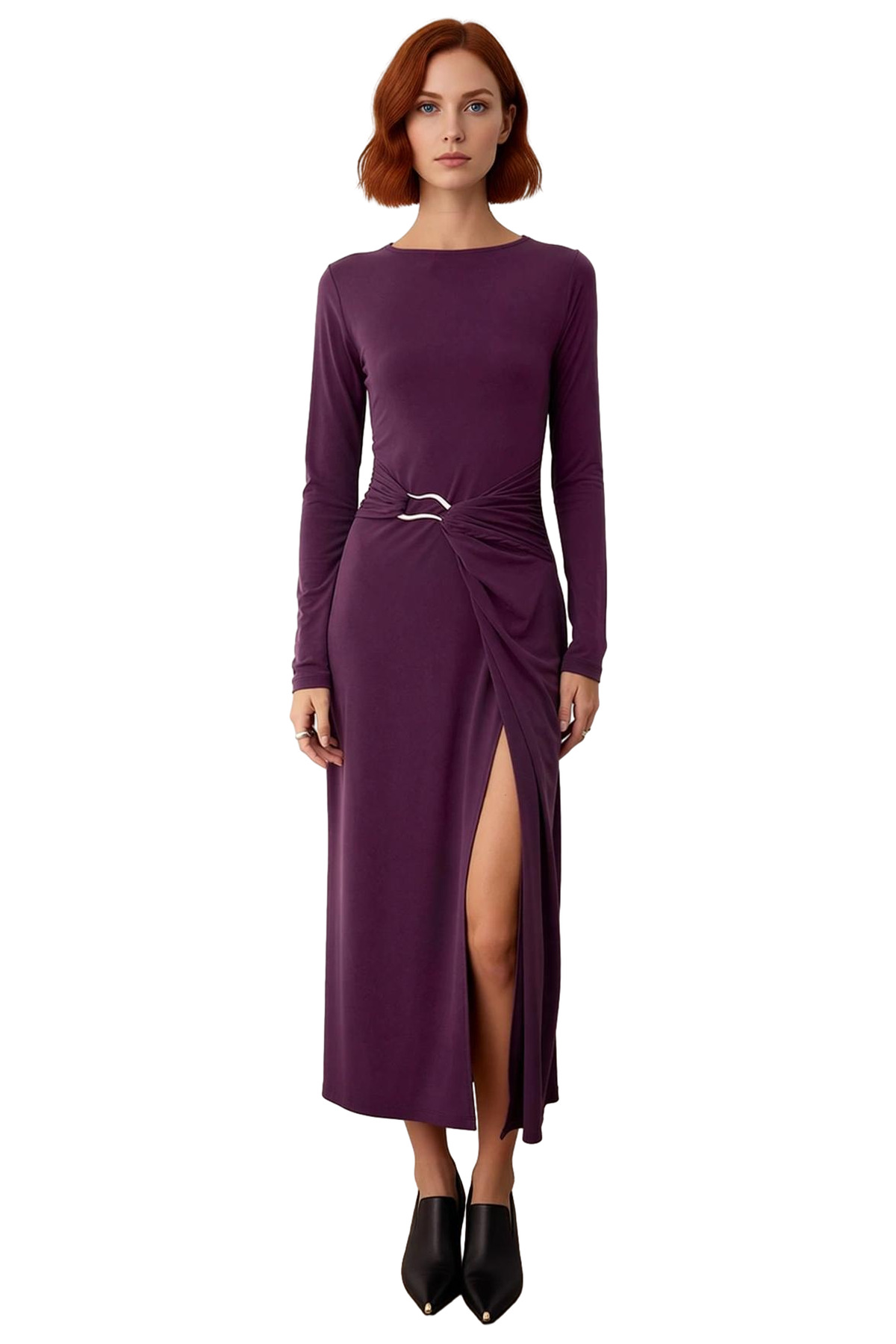 Kadın Aksesuar Detaylı Uzun Kollu Bodycon Maxi Örme Elbise Şık Kış Koleksiyonu Özel Anlara Hazır
