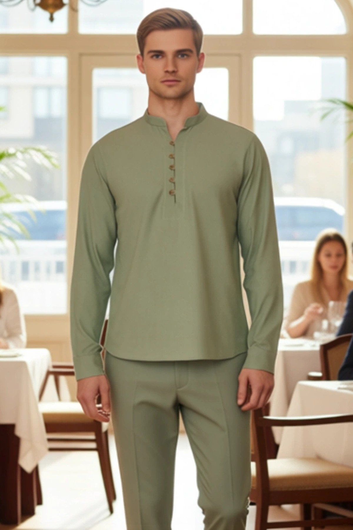 Erkek Slim Fit Hakim Yaka Yarim Patli Uzun Kollu Pamuklu Dokuma Keten Gorunumlu Gomlek Şık