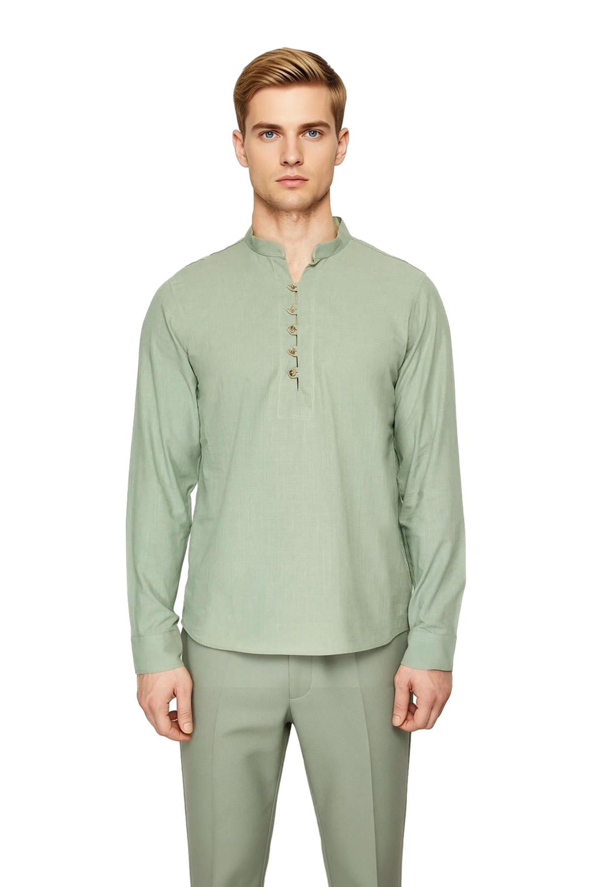 Erkek Slim Fit Hakim Yaka Yarim Patli Uzun Kollu Pamuklu Dokuma Keten Gorunumlu Gomlek Şık