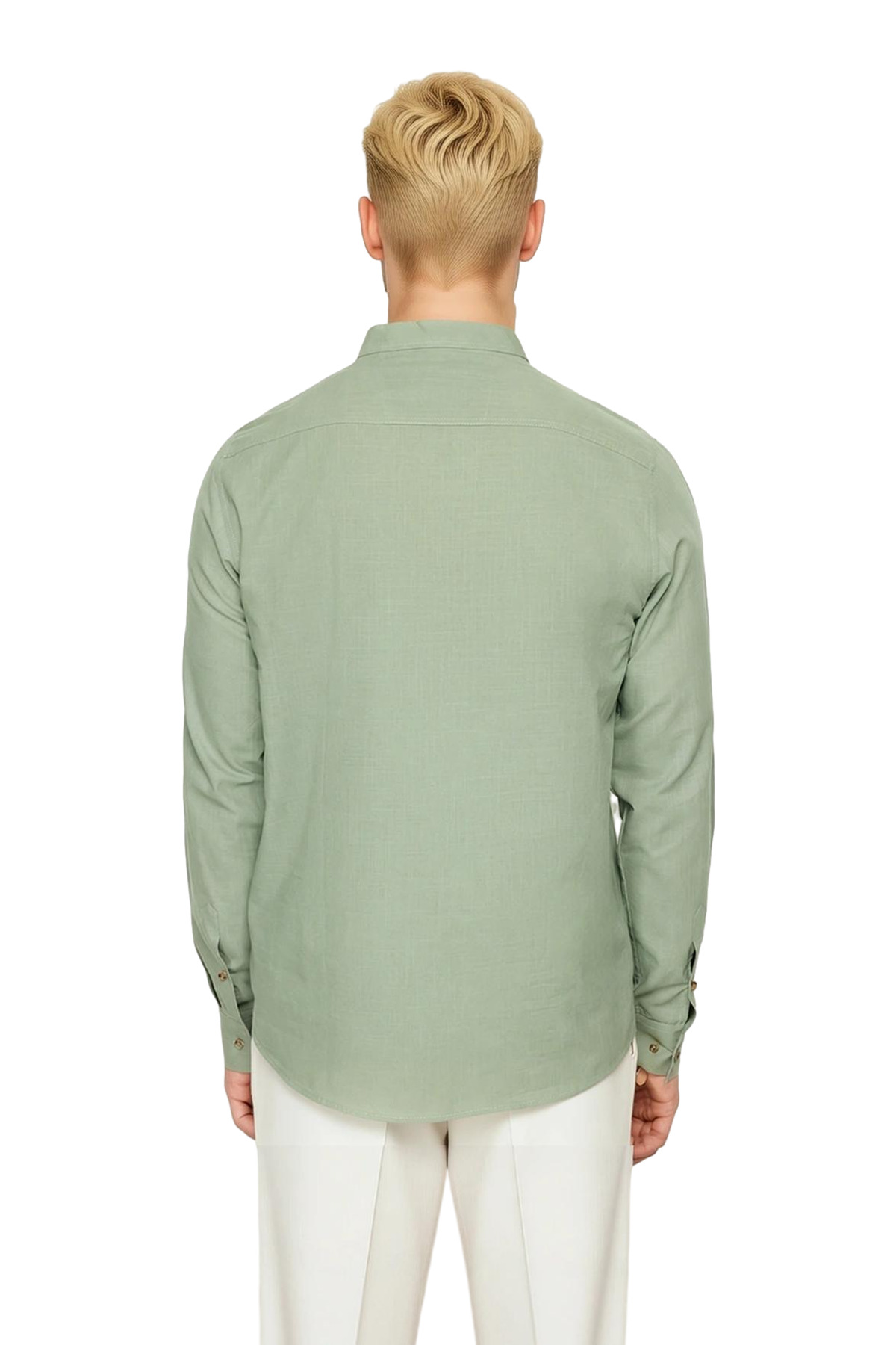 Erkek Slim Fit Hakim Yaka Yarim Patli Uzun Kollu Pamuklu Dokuma Keten Gorunumlu Gomlek Şık
