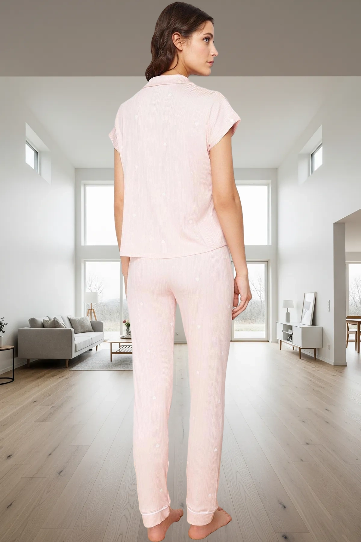 Kadın Kalpli Desenli Örme Pijama Takımı Rahat Kalıp Özel Tasarım Kaliteli İşçilik Ve Şık