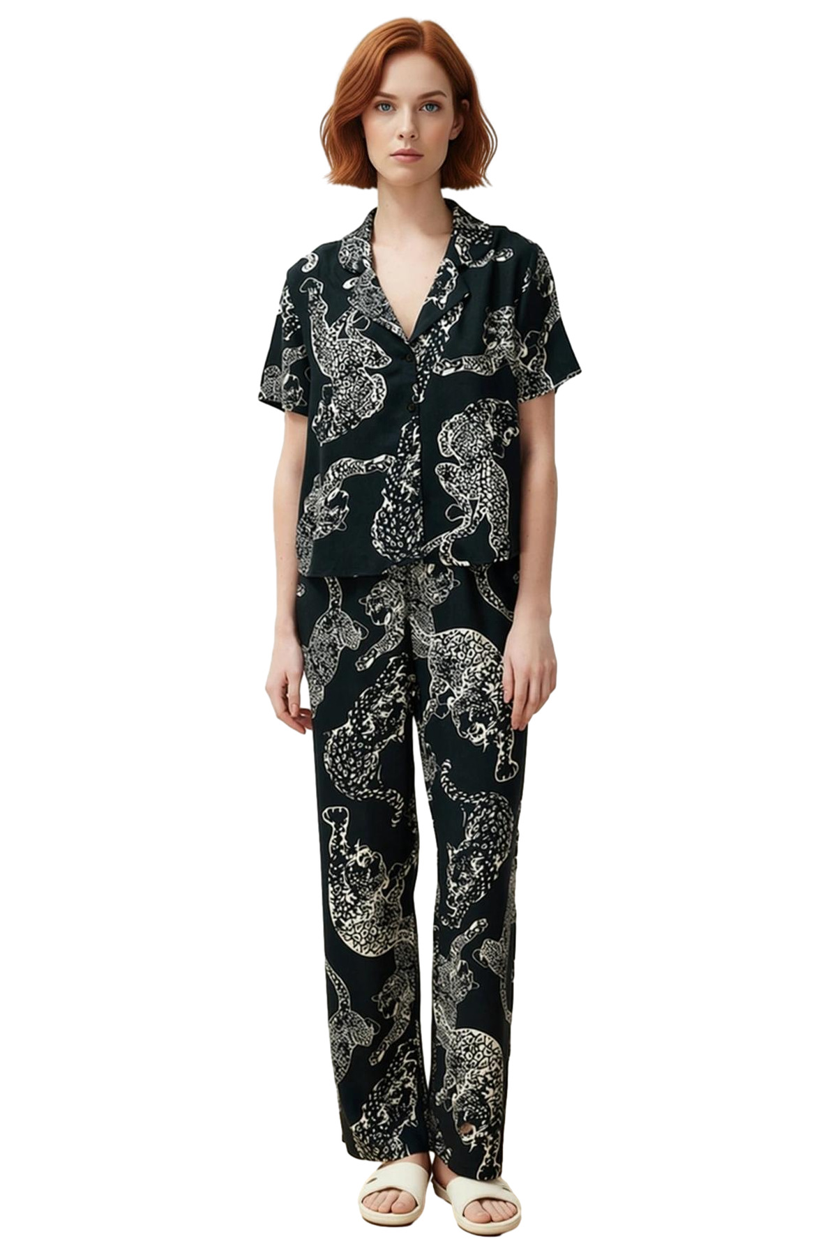 Kadın Kaplan Desenli Viskon Pijama Takımı Rahat Şık Ev Giyim Özenle Seçilmiş Mükemmel Uyum