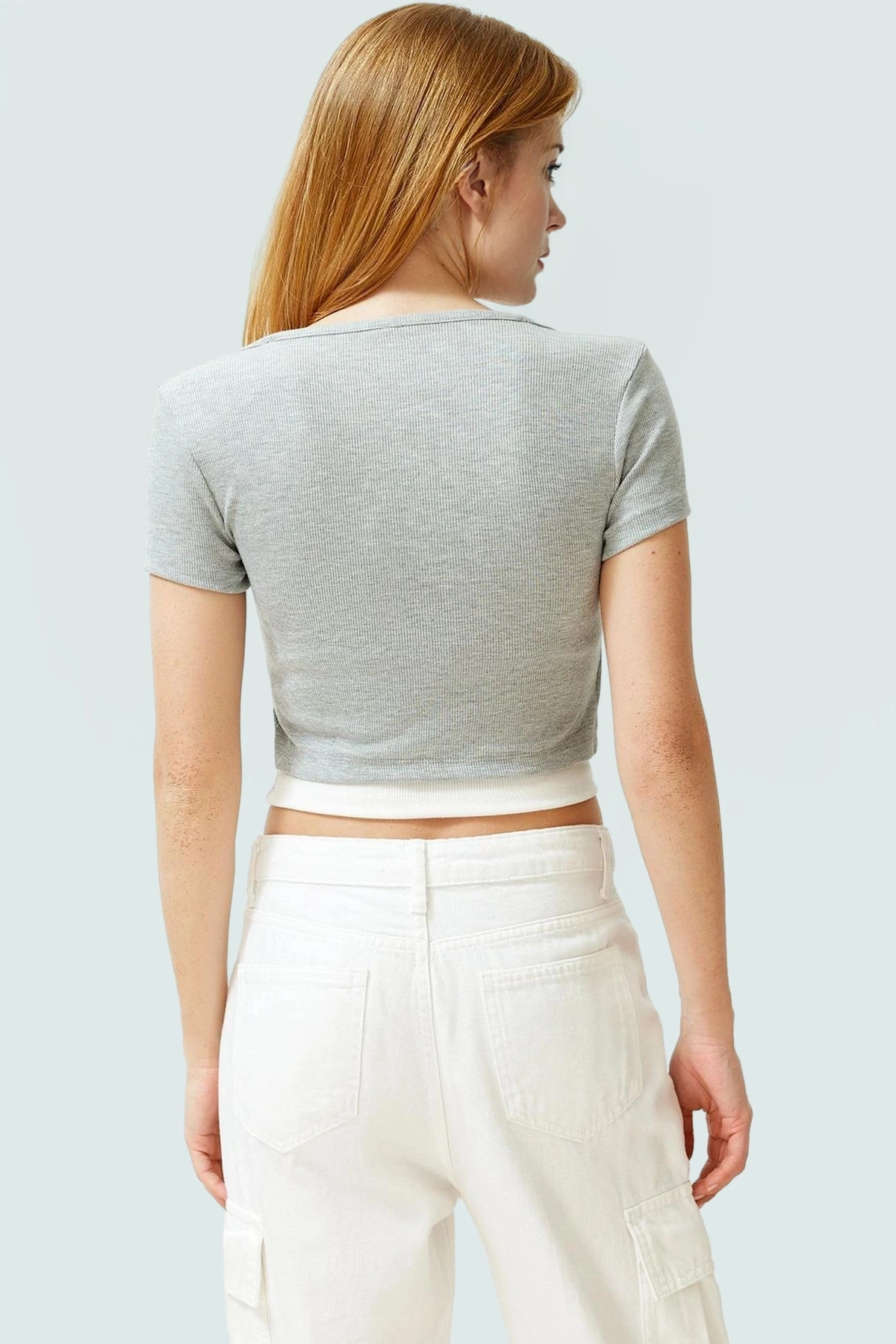 Fitted Vücudu Saran Kısa Bluz Kaşkorse Örme Polyester Yazlık Seçkin Malzeme Yüksek Kalite