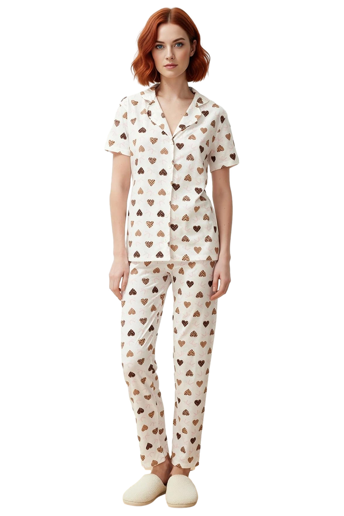 Kadın Pamuklu Polyester Kalpli Pijama Takımı Rahat Ev Giysisi Premium Kalite Şık Görünüm