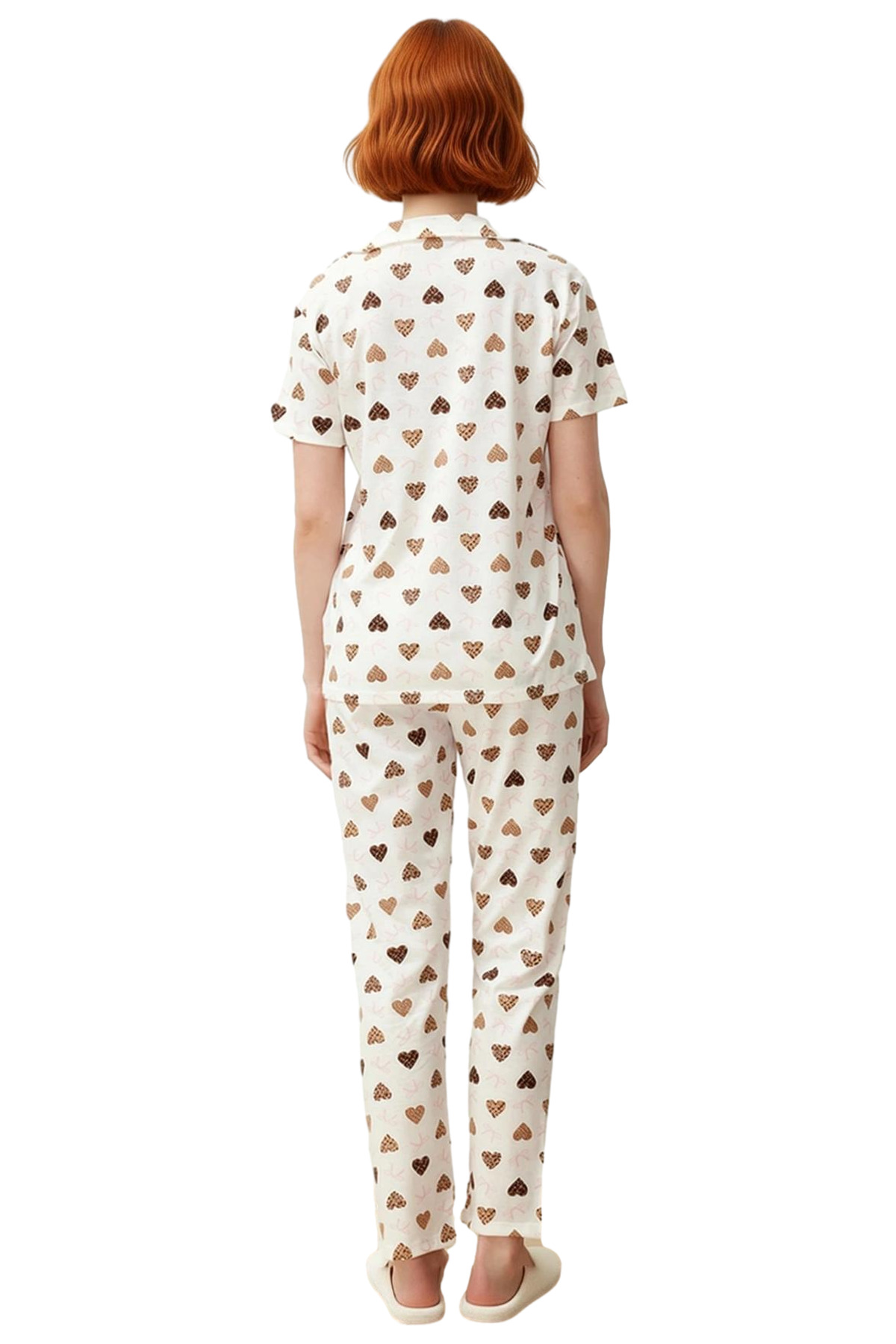 Kadın Pamuklu Polyester Kalpli Pijama Takımı Rahat Ev Giysisi Premium Kalite Şık Görünüm