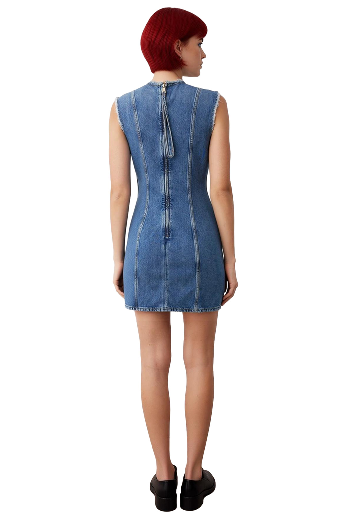 Kadın Kolsuz Bisiklet Yaka Düz A Line Mini Denim Elbise %100 Pamuk Kumaş Detaylarıyla Bahar Yaz