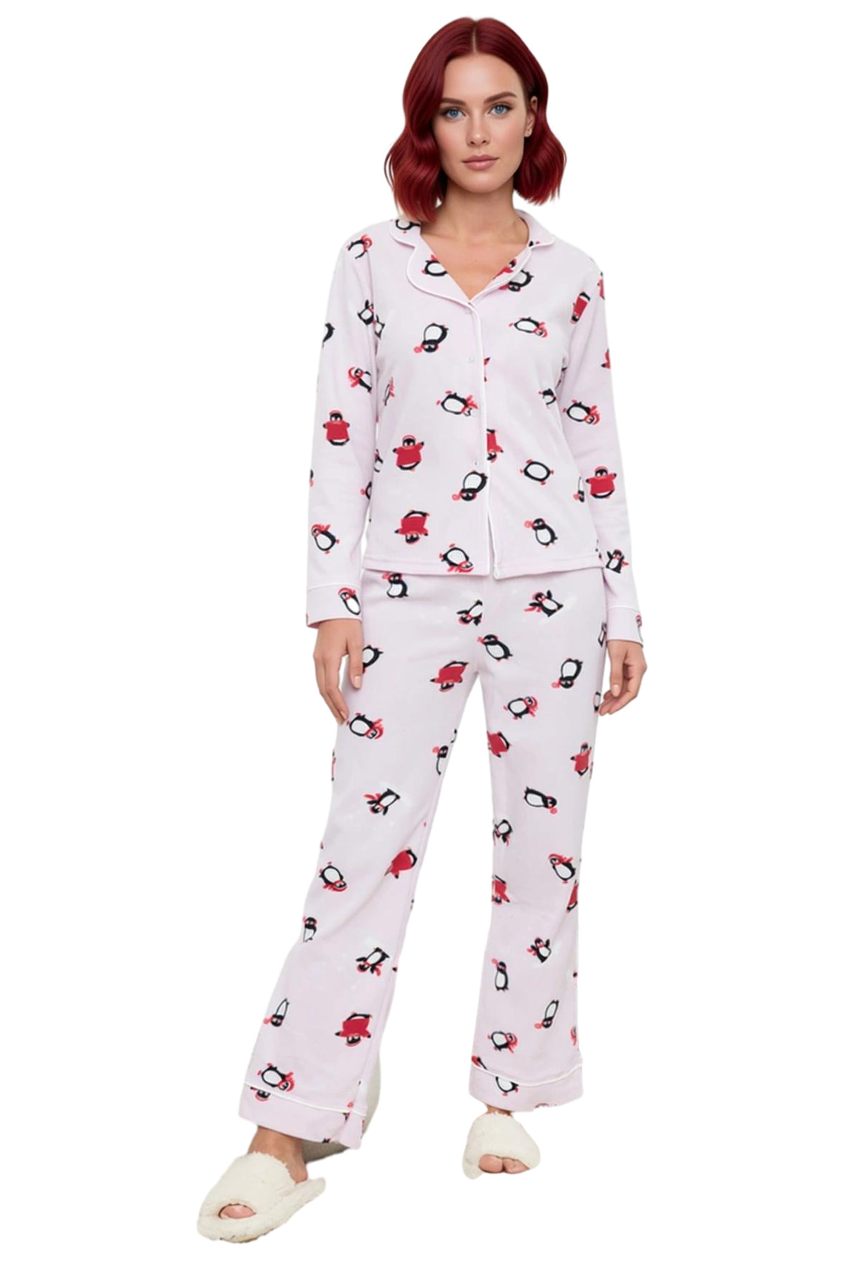 Kadın Penguen Desenli Kışlık Polar Pijama Takımı Regular Boru Paça Premium Kalite Konforlu Kesim