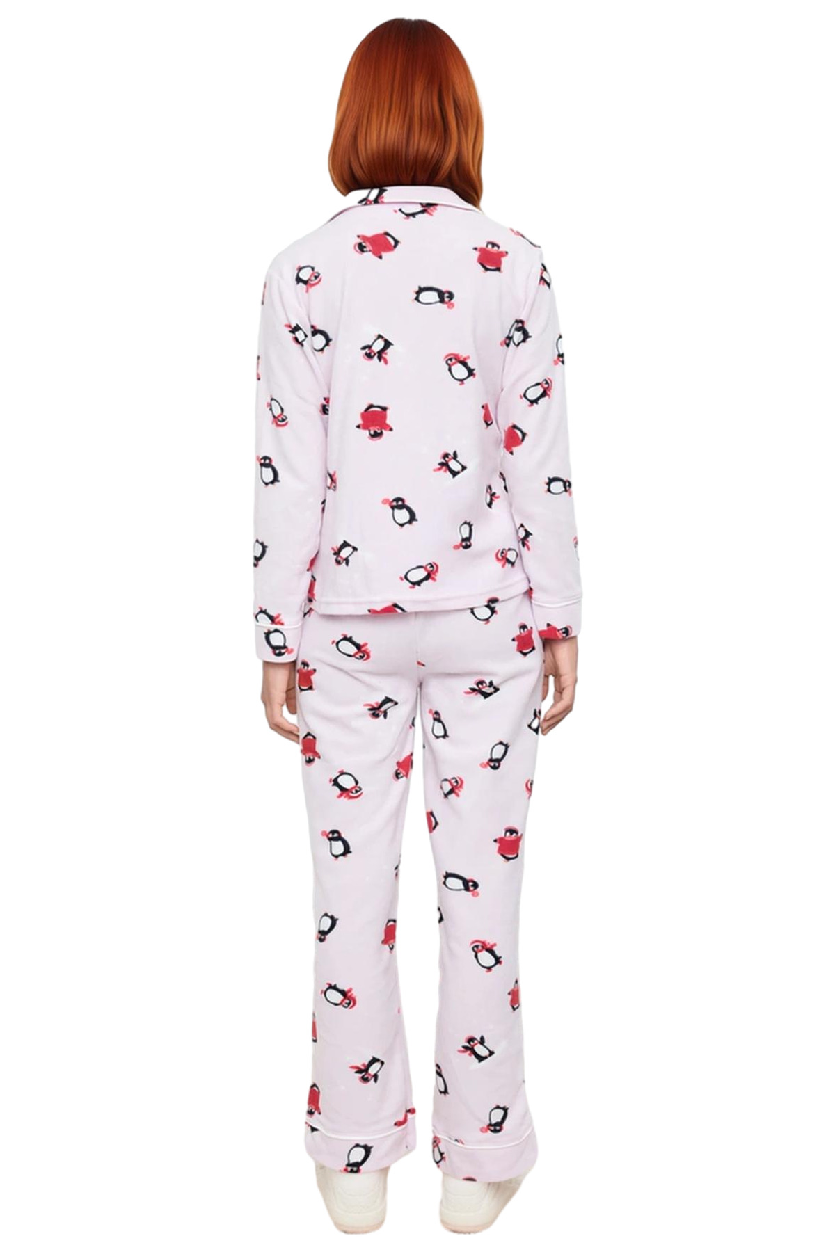 Kadın Penguen Desenli Kışlık Polar Pijama Takımı Regular Boru Paça Premium Kalite Konforlu Kesim