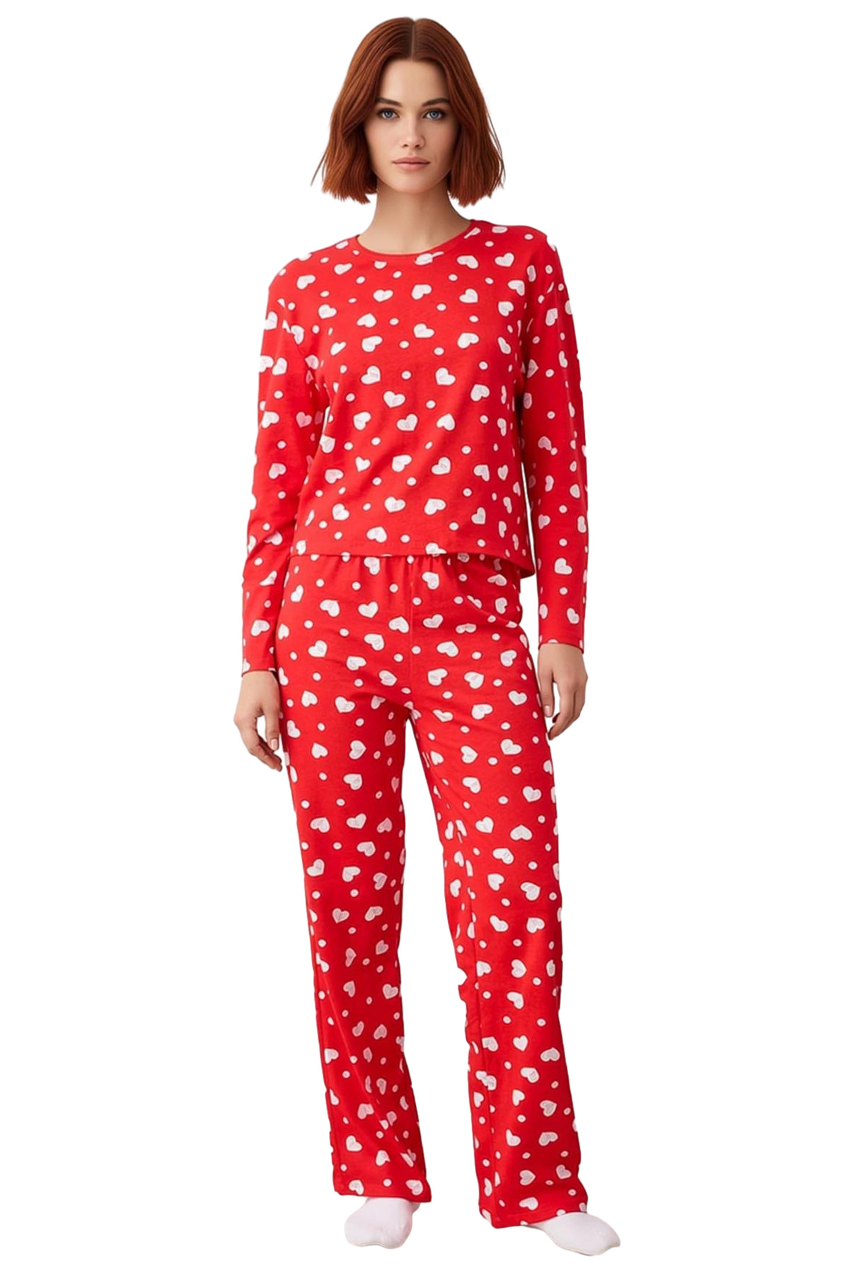 Kadın Kalpli Pamuklu Pijama Takımı Rahat Ev Giyim Seti Kışlık Şık Görünüm Özel Tasarım Modern Stil