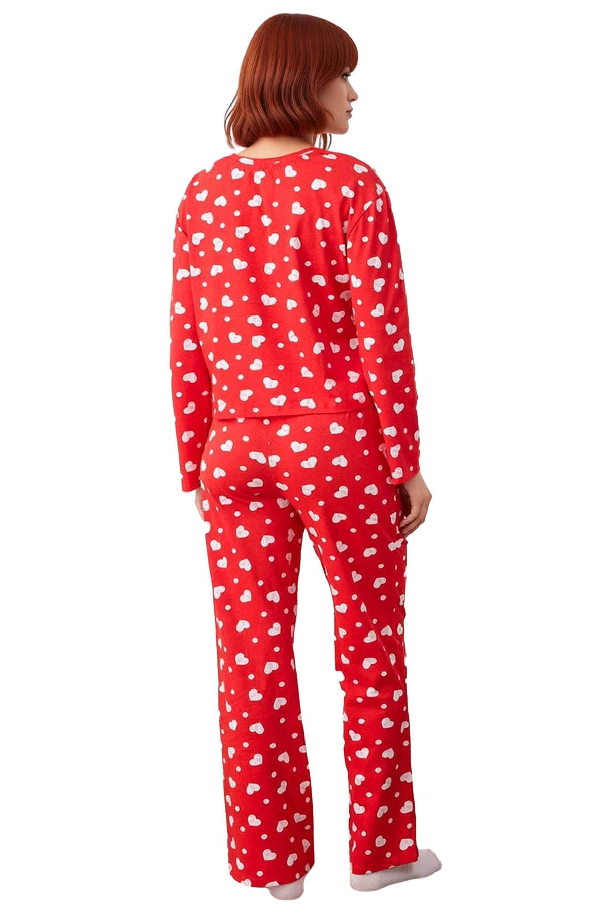 Kadın Kalpli Pamuklu Pijama Takımı Rahat Ev Giyim Seti Kışlık Şık Görünüm Özel Tasarım Modern Stil