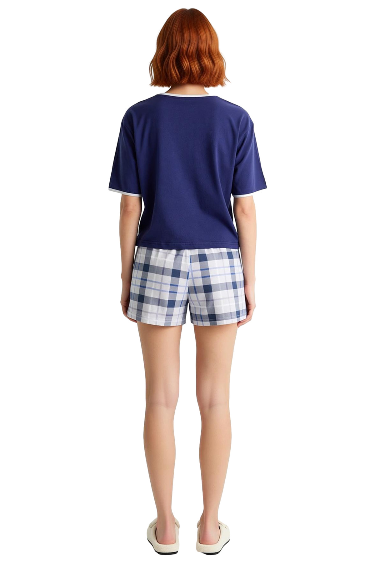 Kadın Pamuklu Ekose Pijama Takımı Rahat Homewear Yazlık Kısa Kol Kaliteli İşçilik Uzun Ömürlü