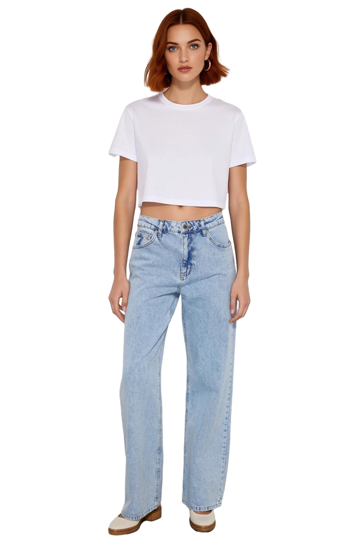 Kadın Açık Yüksek Bel Geniş Paça Denim Pantolon Fonksiyonel Dayanıklı Kaliteli Konforlu Şık